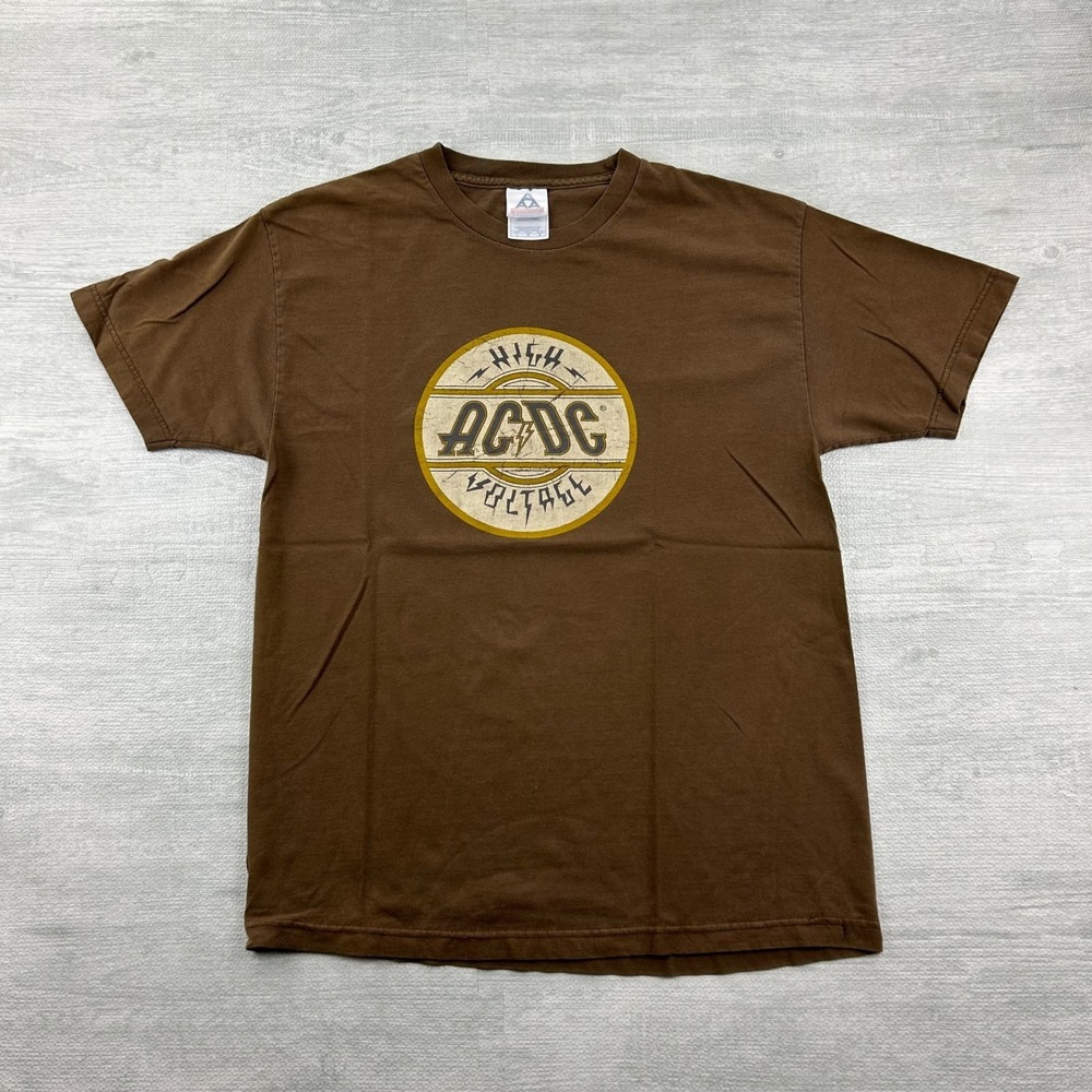 Vintage ACDC Shirt Adult Large Brown High Voltage Concert Rock and Roll Metal